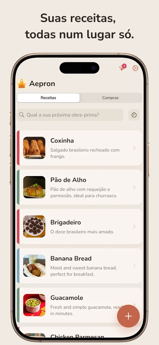App Aepron — a tela da biblioteca de receitas mostrando Pão de Banana, Guacamole e Frango à Parmegiana, todas organizadas.