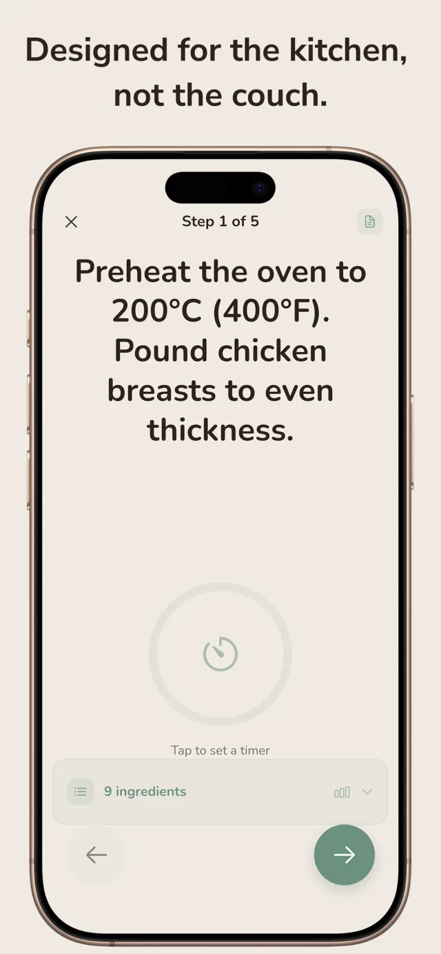 Cook mode — one step at a time in large text, with a built-in timer. Designed for the kitchen, not the couch.