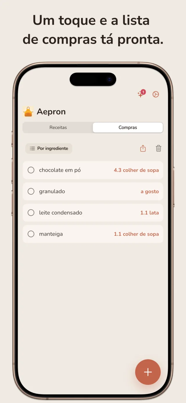 Lista de compras — um toque reúne todos os ingredientes, agrupados e prontos pro mercado.