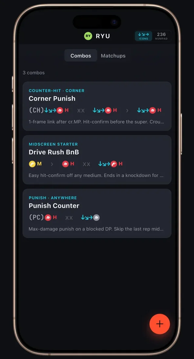 Fighting Game Recipes app — the combo list screen showing saved Ryu combos in clean, color-coded notation.