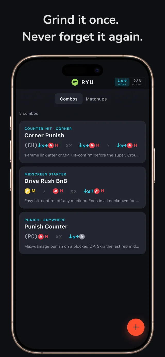 Combo list screen — Ryu's saved combos in clean, color-coded notation, each with a setup tag and notes.