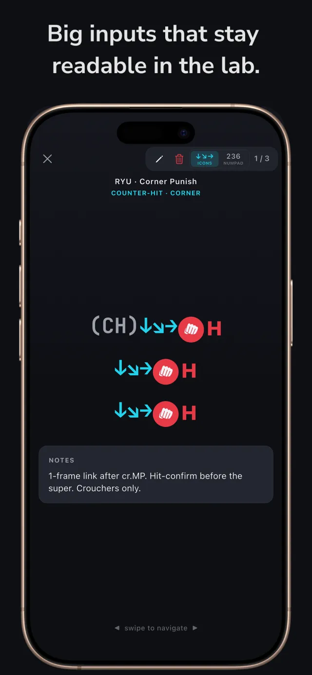 Lab view of a single combo with big, readable inputs — cyan motion arrows and colored buttons — plus your own notes.