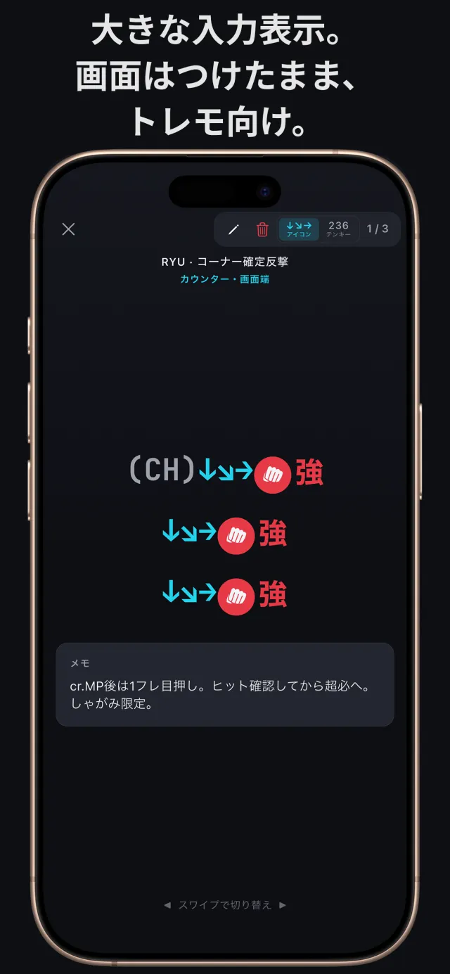 1つのコンボのラボ表示。大きく読みやすい入力（水色の方向矢印と色付きボタン）と自分用メモ。