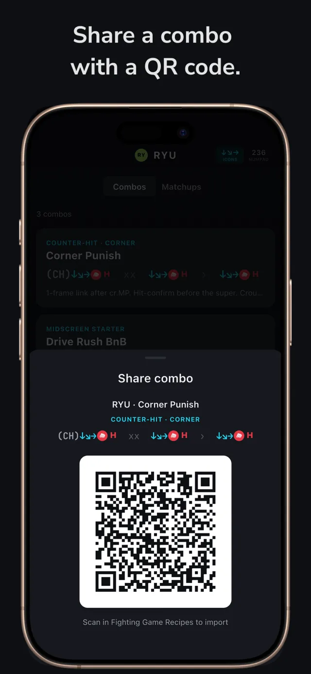 Share sheet showing a combo turned into a QR code for a friend to scan and import.